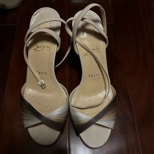 Christian Louboutin Ivory Brown Satin Sandal Heel! Beautiful! Size 38!